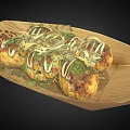 Delicious Traditional Japanese Takoyaki on Wooden Plate with Sauce and Shredded Nori