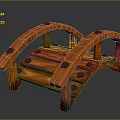 Wooden Arch Bridge Model With Planks And Black Decorative Blocks For Garden Scene