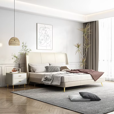 Elegant Modern Bedroom Interior Design With Beige Headboard Gold Nightstand Pendant Light And Green Plant 3d model