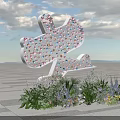 Outdoor Art Installation With Cartoon Dog Shape Colorful Floral Patterns And Surrounding Flowers