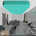 Modern Conference Room with Long Black Table Ergonomic Chairs Large Windows Curtains and Ceiling Light