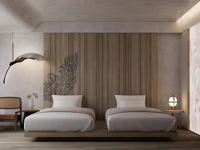Serene Hotel Guest Room With Twin Beds Wooden Wall With Decorative Pattern And White Bedding 3d model