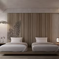 Serene Hotel Guest Room With Twin Beds Wooden Wall With Decorative Pattern And White Bedding