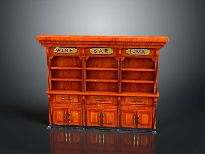 Vintage Wooden Wine Bar Cabinet With Shelves Drawers And Engraved Wine Bar Luma Signage 3d model