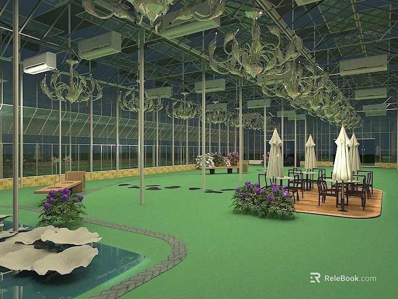 Industrial Factory Building With Glass Roof And Walls Chandeliers Tables Chairs Green Plants Water Pool Green Flooring White Umbrellas 3d model 