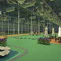 Industrial Factory Building With Glass Roof And Walls Chandeliers Tables Chairs Green Plants Water Pool Green Flooring White Umbrellas