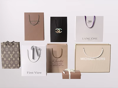 Luxury Brand Shopping Bags Collection With Designer Logos And Gift Box 3d model