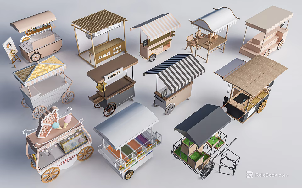 Various Functional Mobile Carts With Different Canopy Styles And Wheels 3d model 