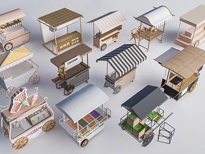 Various Functional Mobile Carts With Different Canopy Styles And Wheels 3d model