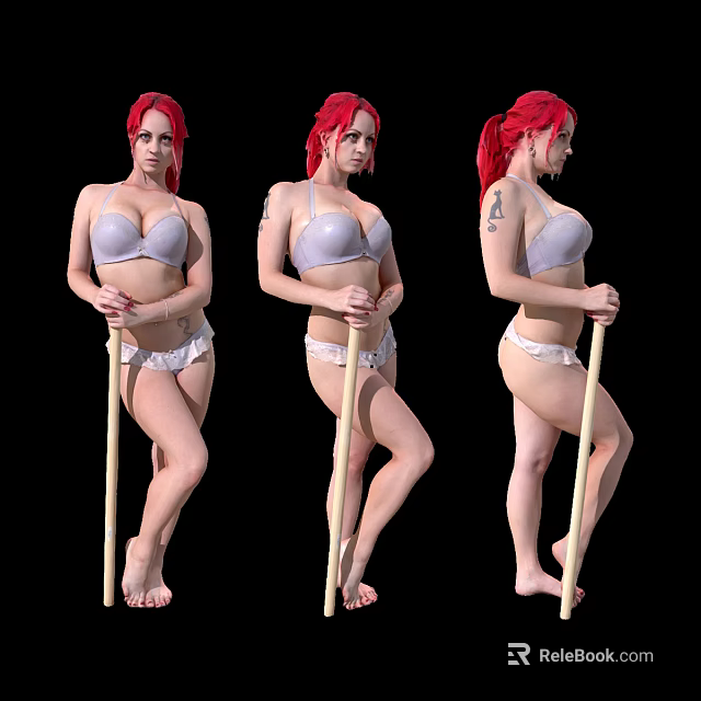 Red Haired Woman Wearing Gray Bra White Underwear Holding Wooden Stick Three Poses 3d model 