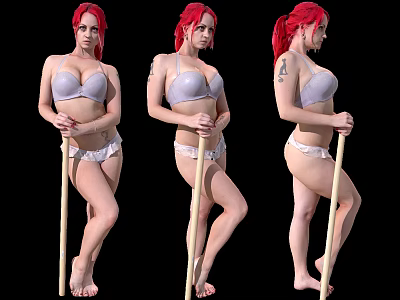 Red Haired Woman Wearing Gray Bra White Underwear Holding Wooden Stick Three Poses 3d model