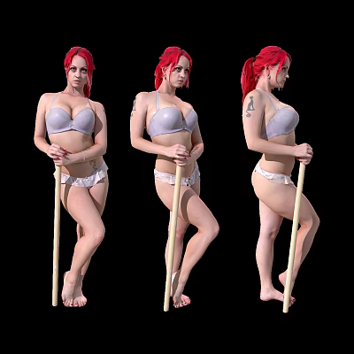Red Haired Woman Wearing Gray Bra White Underwear Holding Wooden Stick Three Poses 3d model