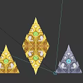 3D Rendered Decorative Geometric Scene Components With Gold Blue Pyramids Polyhedrons And Ornate Circular Decorations