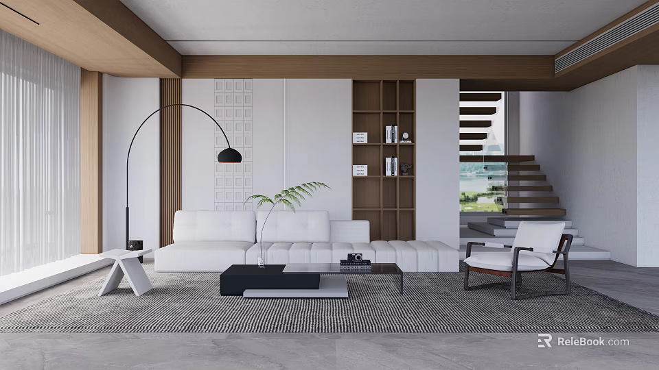 Modern Duplex Living Room Interior With White Sofa Floor Lamp Bookshelf And Staircase 3d model 