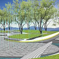 Scenic Modern Curved Water Fountain In Park With Green Lawn Trees And Sunlight
