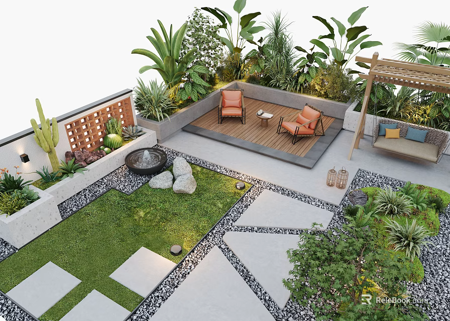 Courtyard Garden Design Featuring Wooden Deck Orange Chairs Lush Green Plants Stone Pathway And Lawn 3d model 