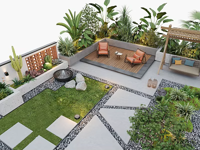 Courtyard Garden Design Featuring Wooden Deck Orange Chairs Lush Green Plants Stone Pathway And Lawn 3d model