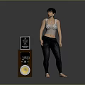 Woman Standing Next to Speaker with Display Screen and Yellow Cone