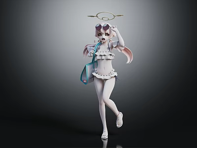 3D Fantasy Character Model With Halo Pink Hair And White Light Blue Outfit Design 3d model