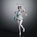 3D Fantasy Character Model With Halo Pink Hair And White Light Blue Outfit Design