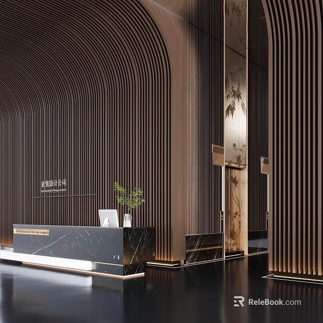 Elegant Modern Reception Desk Interior With Arched Wooden Slats Green Plant And Metal Accents 3d model 