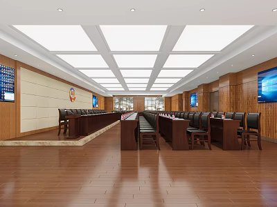 Modern Conference Room Interior With Long Wooden Tables Black Chairs Large Screens And Ceiling Lights 3d model