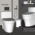 Modern Bathroom White Toilets Design With Gray Walls Shelf And Trash Can