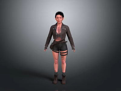 Human Female Character 3D Model with Leather Jacket Crop Top Shorts Thigh Straps and Boots 3d model