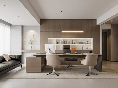 Modern Office Interior Design With Spacious Desk Comfortable Chairs And Leather Sofa 3d model