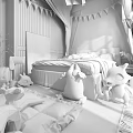 Kids Room Interior Design With Green Plant Wall Mural Stuffed Toys And Wooden Bed