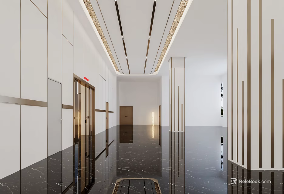 Modern Elevator Lobby With Marble Flooring And Sleek Design 3d model 