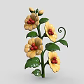 3D Decorative Plant With Yellow Flowers Red Centers Green Leaves And Curved Vine