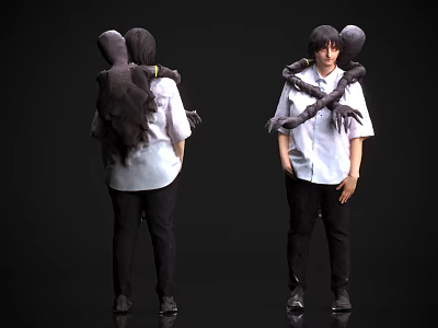Man With Black Tentacles On Shoulders Wearing White Shirt Black Pants Front Back Views 3d model