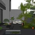 Modern Courtyard Garden With Lush Green Plants Water Pond Pathway Lights And Seating Area