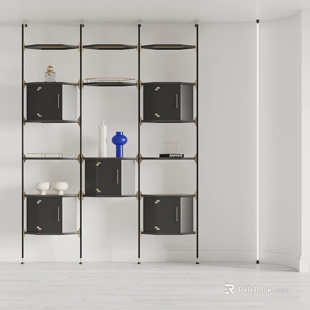 Modern Multi Tiered Black Gold Frame Shelf Unit With Storage Cabinets And Decorative Items 3d model 