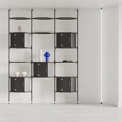 Modern Multi Tiered Black Gold Frame Shelf Unit With Storage Cabinets And Decorative Items 3d model