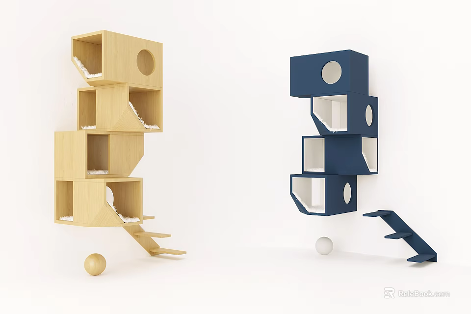 Modern Multi Level Pet Climbing Structures With Light Wood And Navy Blue Cube Compartments 3d model 