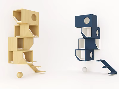 Modern Multi Level Pet Climbing Structures With Light Wood And Navy Blue Cube Compartments 3d model
