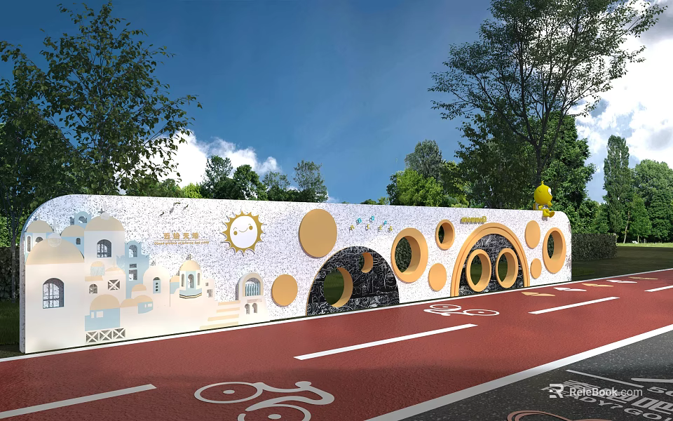White Curved Building Exterior Wall With Circular Decorative Patterns Along Bicycle Lane And Green Trees 3d model 