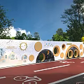 White Curved Building Exterior Wall With Circular Decorative Patterns Along Bicycle Lane And Green Trees