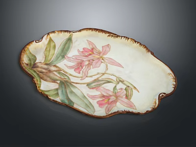 Elegant Oval Tableware Set With Pink Flowers Green Leaves And Brown Rim 3d model