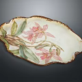 Elegant Oval Tableware Set With Pink Flowers Green Leaves And Brown Rim
