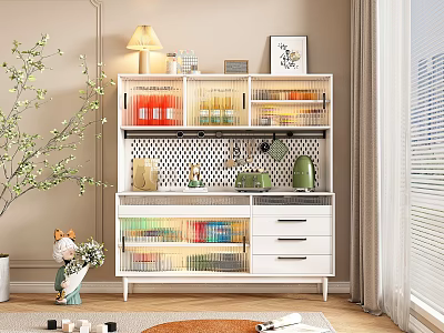 Modern Sideboard Design With Open Shelves Glass Doors And Storage Drawers 3d model