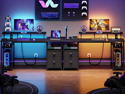 Modern Gaming Desk Setup With Dual Monitors RGB Lighting And Peripherals 3d model