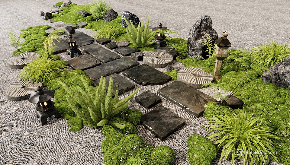 Courtyard Garden Design With Stone Slabs Path Moss Green Plants And Stone Lanterns 3d model 