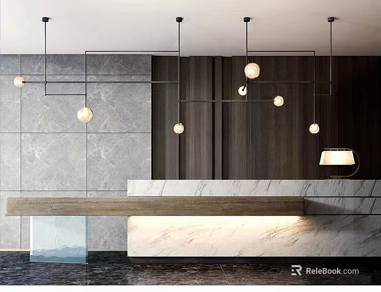 Modern Reception Area Interior With Marble Reception Desk And Hanging Pendant Lights 3d model 