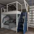 Kids Room Bunk Bed Design With White Blue Frame Safety Net And Climbing Rings