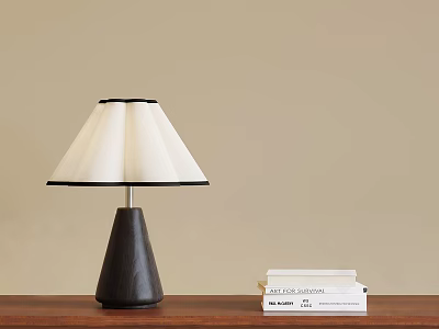 Modern Table Lamp With Dark Conical Base White Pleated Lampshade And Books On Wooden Table 3d model
