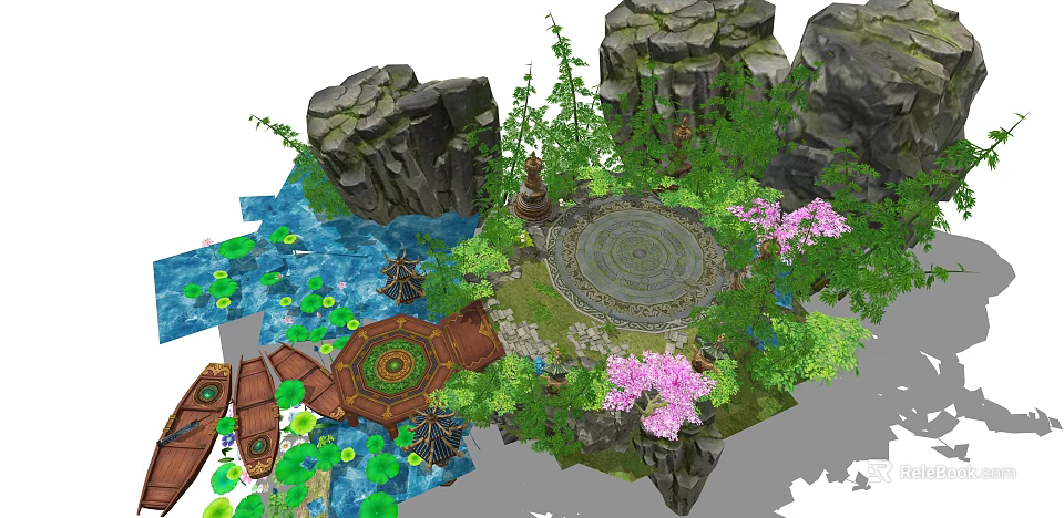 Traditional Garden Landscape With Rocks Bamboo Circular Stone Platform Water Lotus Boats And Pink Flowers 3d model 