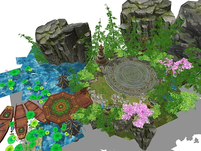 Traditional Garden Landscape With Rocks Bamboo Circular Stone Platform Water Lotus Boats And Pink Flowers 3d model